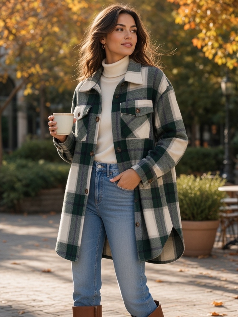 ComfyLuxe Green and Cream Plaid Shacket - Casual Button-Up Jacket